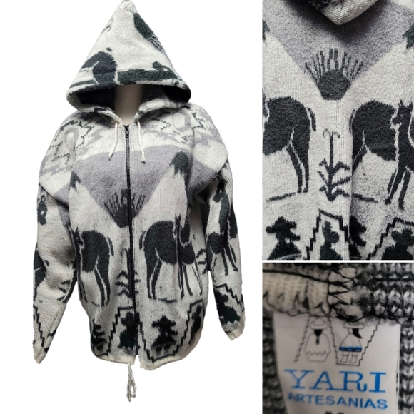 Yari Artesanias Made in Ecuador black white grey wool zip-up hooded sweater - Picture 1 of 9